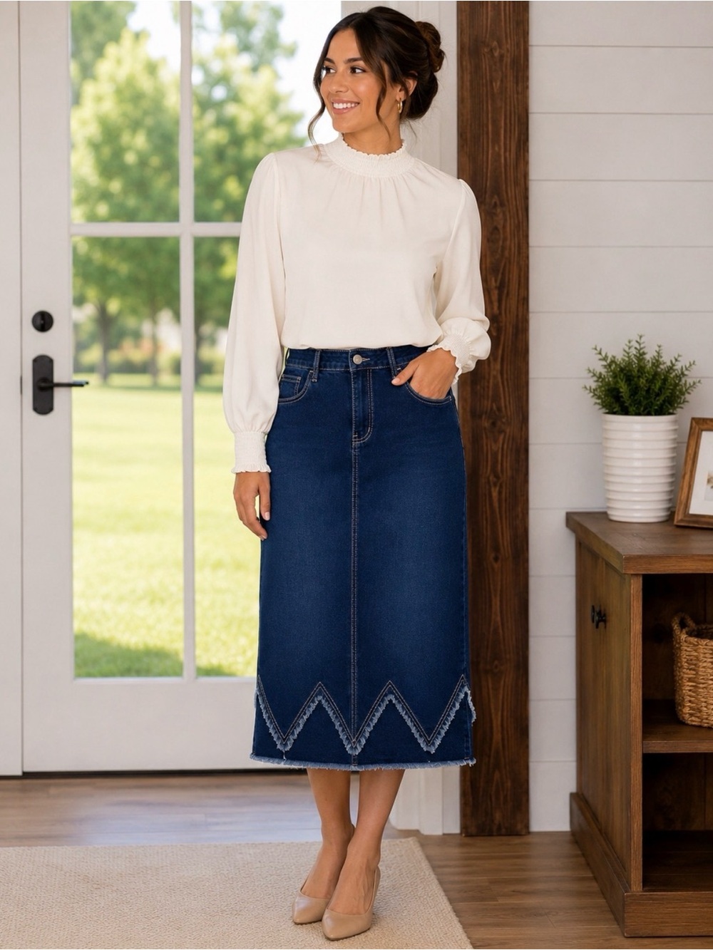 High-Rise Dark Blue Denim Midi Skirt with Zigzag Hem